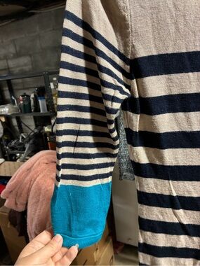 Moral Fiber Cream and Navy Striped Sweater with Teal Cuff